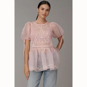 By Anthropologie Sheer Lace Peplum Blouse Top Embroidered Puff Sleeve XXS 284164